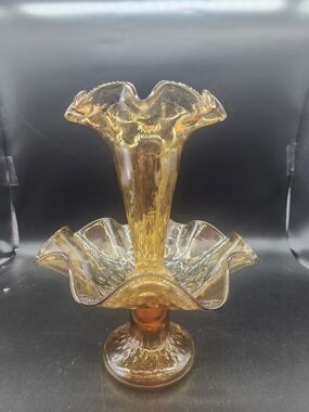 Empoli Amber Glass 2-Piece Epergne W/Ruffled Edges Compote & A Trumpet Vase